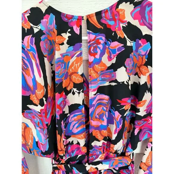 Topshop Floral Midi Wrap Dress Long Sleeve Black Pink Orange Belted Size US 2 - Picture 7 of 9